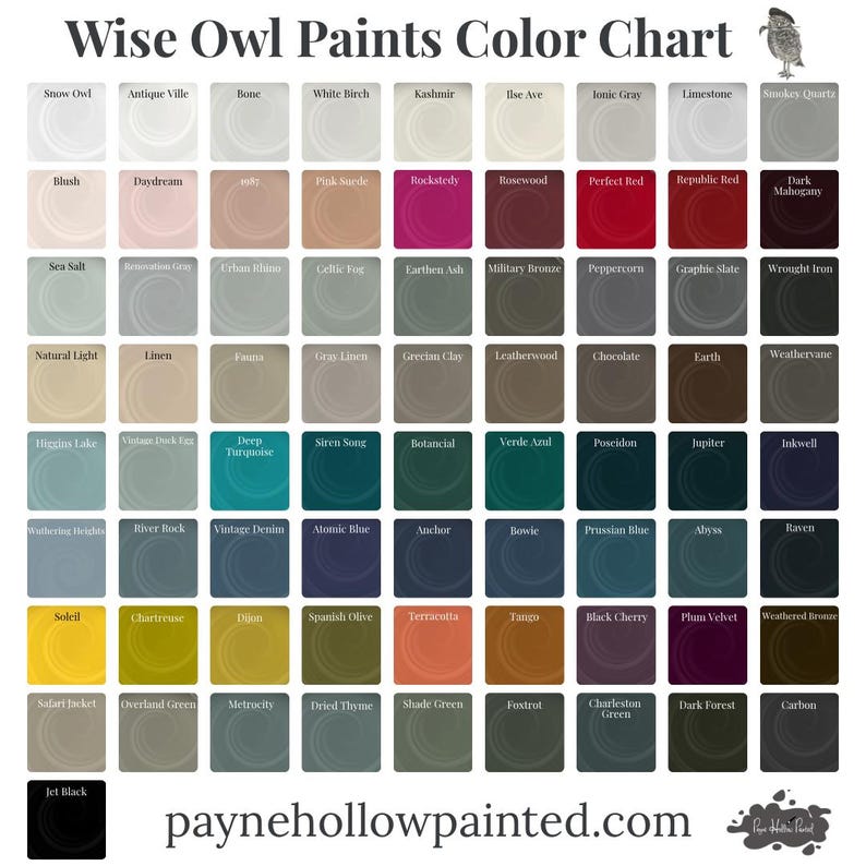 May include: A color chart from Wise Owl Paints, featuring a grid of paint swatches in various colors. The chart includes names like "Snow Owl," "Rosewood," and "Jet Black." The website paynehollowpainted.com is displayed at the bottom.