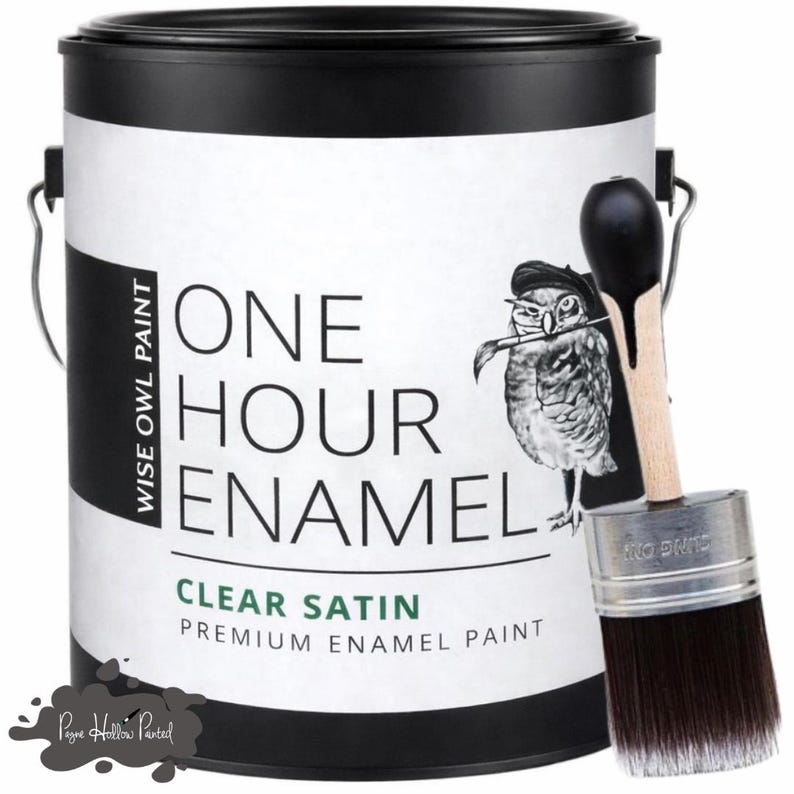 May include: A black and white paint can with the text "ONE HOUR ENAMEL" and "CLEAR SATIN". A paintbrush with a wooden handle and dark bristles is next to the can. The Wise Owl Paint logo features an owl.