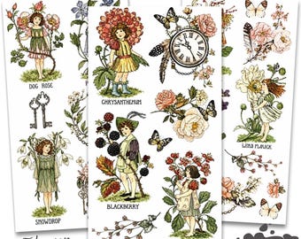 May include: Three sheets of Redesign Décor Transfers featuring vintage illustrations. The designs include flower children, flowers, butterflies, and a pocket watch. The sheets measure 6" x 12".