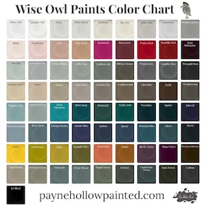 May include: A color chart from Wise Owl Paints, featuring a grid of paint swatches in various colors. The chart includes names like "Snow Owl," "Rosewood," and "Jet Black." The website address "paynehollowpainted.com" is displayed at the bottom.