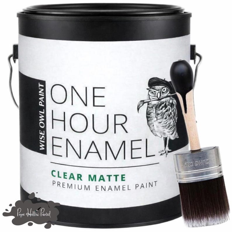 May include: A black and white paint can with the text "ONE HOUR ENAMEL" and a cartoon owl illustration. A paintbrush with black bristles rests against the can. The paint can is labeled "CLEAR MATTE PREMIUM ENAMEL PAINT".