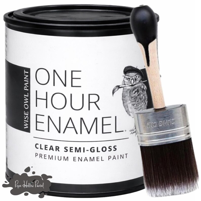 May include: A can of Wise Owl Paint's One Hour Enamel, with a clear semi-gloss finish, and a paint brush. The can is black and white with an owl illustration. The brush has a wooden handle and a silver ferrule.