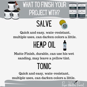 May include: An image showcasing various wood finishing products. The text reads "What to finish your project with?" and lists Salve, Hemp Oil, and Tonic. The image includes paint cans, varnish, and a brush.