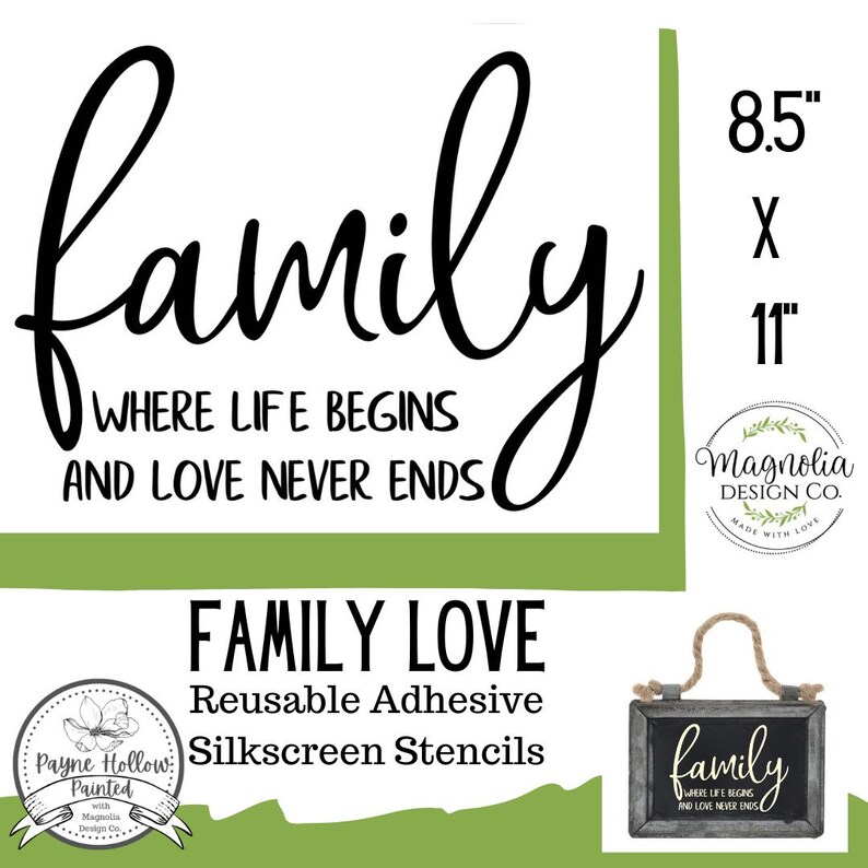 Reusable Silkscreen Stencil Reusable Self Adhesive Stencil FAMILY LOVE by Magnolia Design Co. 8.5 X 11