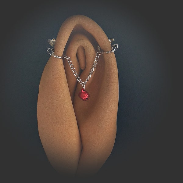 Faux piercing with chain and red bell Clitoral Jewellery ,  Non Piercing Clit Clip Adult fun sex toys