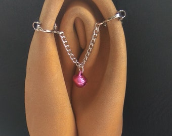 Clitoral Jewellery Faux piercing with chain and pink bell  ,  Non Piercing Clit Clip Adult fun sex toys