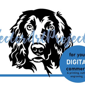 Op de afbeelding: Een zwart-witte grafische illustratie van een hondenkop met lang, golvend haar. De afbeelding bevat de tekst VectorArtProjects en een blauwe cirkel met de tekst for your DIGITAL commerce & printing, cutting, engraving, ...