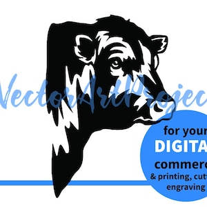 May include: Black and white silhouette of a cow's head, facing right. The image is for digital commerce, printing, cutting, and engraving.
