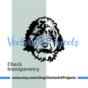 K&ouml;nnte beinhalten: Schwarz-wei&szlig;e Vektorillustration eines HundeKopfes mit flauschigem Fell. Der Hund schaut direkt auf den Betrachter. Das Bild ist auf wei&szlig;em Hintergrund.