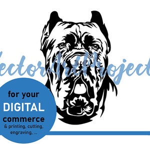 Könnte beinhalten: Eine schwarz-weiße grafische Illustration eines Hundekopfes, zentriert auf weißem Hintergrund. Das Bild zeigt den Text VectorArtProjects in hellblauer Schreibschrift und einen blauen Kreis mit dem weiß-schwarzen Text for your DIGITAL commerce & printing, cutting, engraving, ...