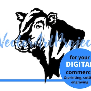 May include: A high-contrast black and white graphic illustration of a cow head facing left. The image includes the text VectorArtProjects for your DIGITAL commerce & printing, cutting engraving. The design features bold lines and solid shapes.