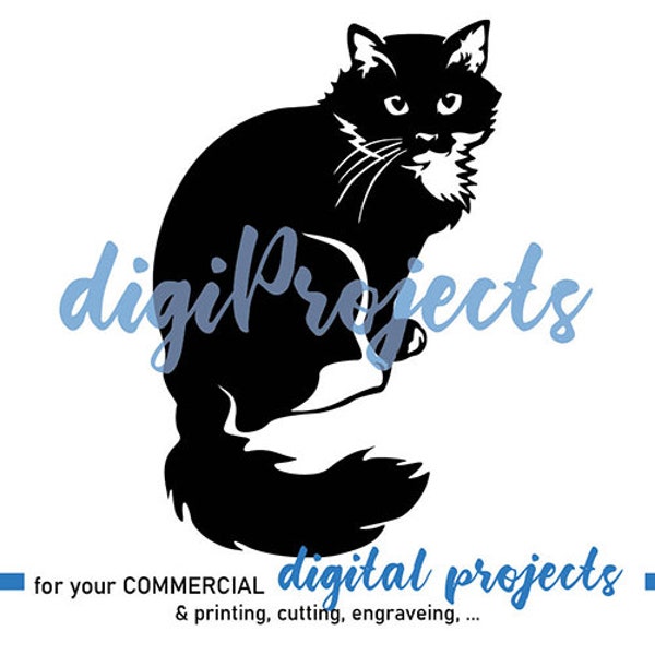 Long haired Tuxedo cat svg for commercial digital art, Black and white cat clipart cut file cuttable cricut digital design