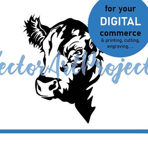 May include: Black and white silhouette of a cow's head, facing left. The image is for digital commerce, printing, cutting, and engraving.