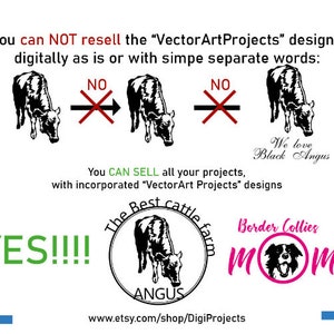 K&ouml;nnte beinhalten: Eine grafische Illustration mit Text, der lautet: "Sie d&uuml;rfen die Designs von "VectorArtProjects" nicht digital als solche oder mit einfachen, getrennten W&ouml;rtern weiterverkaufen: NEIN NEIN Wir lieben Black Angus Sie K&Ouml;NNEN ALLE Ihre Projekte verkaufen, mit integrierten Designs von "VectorArt Projects" JA !!! Die beste Rinderfarm Border Collies MM ANGUS www.etsy.com/shop/DigiProjects"