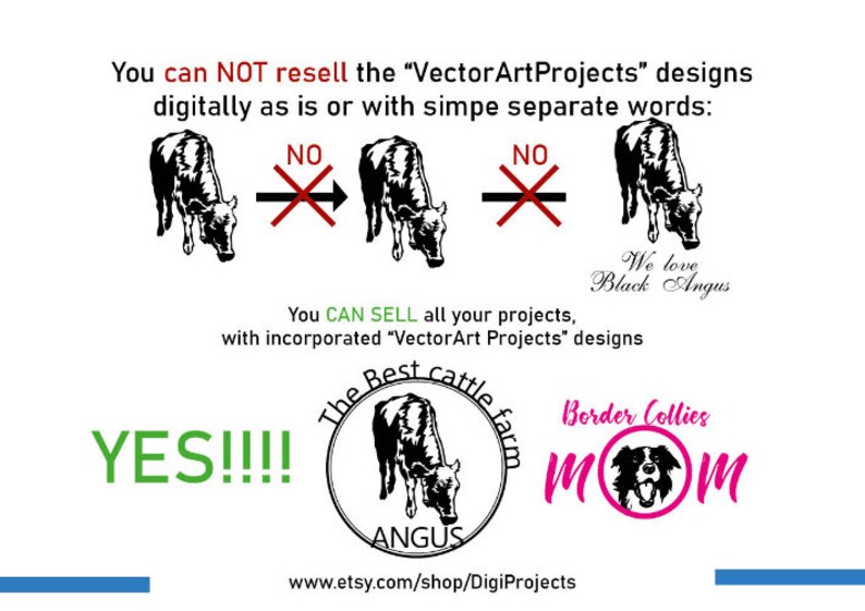 K&ouml;nnte beinhalten: Eine grafische Illustration mit Text, der lautet: "Sie d&uuml;rfen die Designs von "VectorArtProjects" nicht digital als solche oder mit einfachen, getrennten W&ouml;rtern weiterverkaufen: NEIN NEIN Wir lieben Black Angus Sie K&Ouml;NNEN ALLE Ihre Projekte verkaufen, mit integrierten Designs von "VectorArt Projects" JA !!! Die beste Rinderfarm Border Collies MM ANGUS www.etsy.com/shop/DigiProjects"