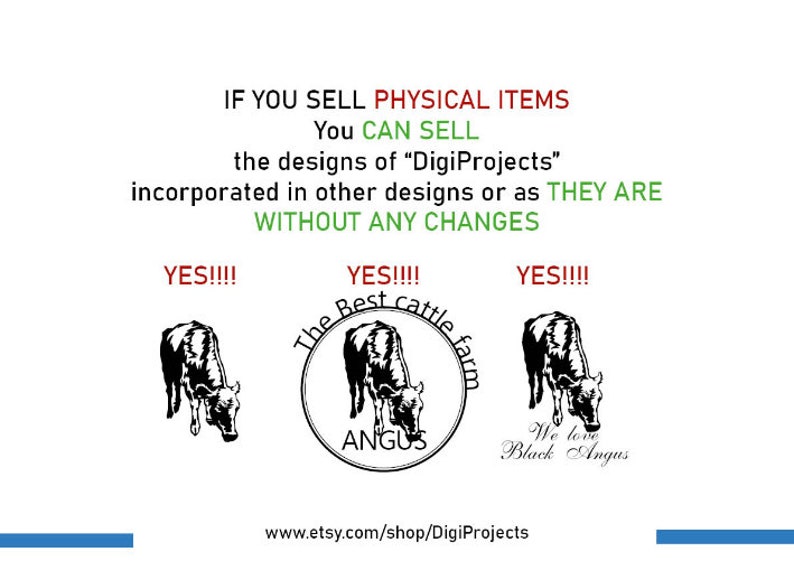 K&ouml;nnte beinhalten: Schwarzwei&szlig;-Illustration einer Kuh mit dem Text "The Best Cattle Farm Angus" in einem Kreis. Der Text "YES!!!" erscheint dreimal auf dem Bild. Der Text "IF YOU SELL PHYSICAL ITEMS You CAN SELL the designs of "DigiProjects" incorporated in other designs or as THEY ARE WITHOUT ANY CHANGES" erscheint oben auf dem Bild. Der Text "www.etsy.com/shop/DigiProjects" erscheint unten auf dem Bild.