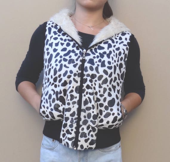 cow-print vest // furry hooded vest // cropped fit