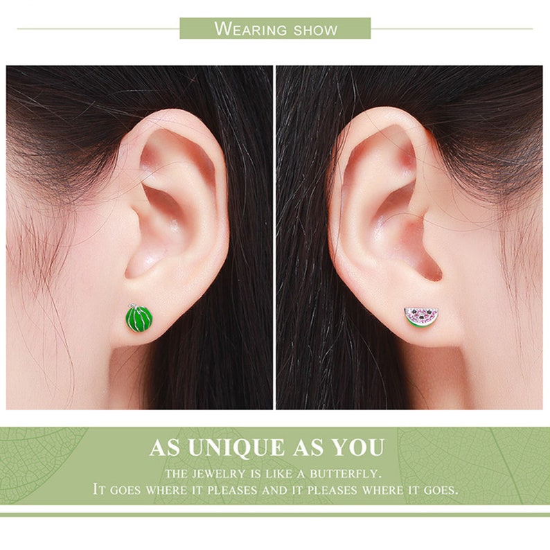BAMOER 925 Sterling Silver Stud Earrings-Love For Watermelon Cute Earrings Stud,Small Fruit Ear Stud With Green Enamel,For Girls,SCE105