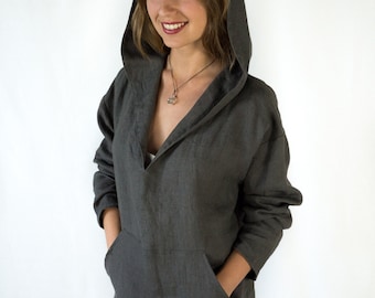 Linen hoodie top/ Hooded linen/ Linen summer top/Linen women's clothing/Linen top/Linen top with sleeves/ Linen hooded with pockets