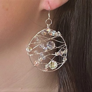 Unusual, Round hoop earrings woven with a variety of AB Crystal beads, on 925 Sterling Silver ear wires