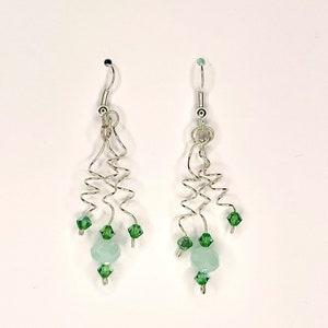 Triple spiral drop earrings with green crystal beads