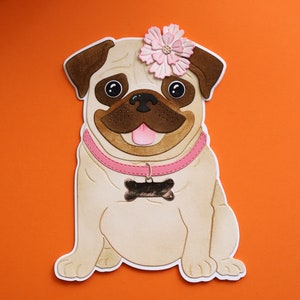 Adoráveis cartões em formato de Pug, personalizáveis com nome na etiqueta, ideais para aniversários, amizades e para amantes de cães