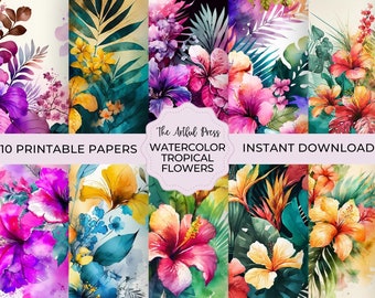 Tropical Flowers Digital Paper Set, Floral Scrapbooking Paper, Printable Tropical Paper, Commercial Use