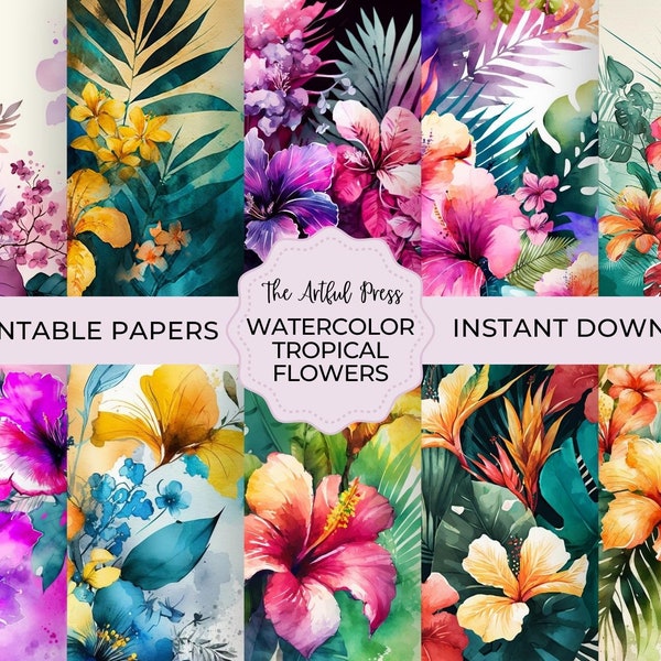 Tropical Flowers Digital Paper Set, Floral Scrapbooking Paper, Printable Tropical Paper, Commercial Use