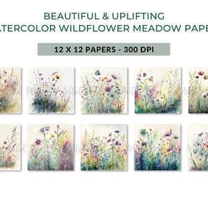 Digitale papierset aquarel wilde bloemen, lentebloemen ongewenste tijdschriftpapier, afdrukbare lenteweide, digitale scrapbooking afbeelding 4