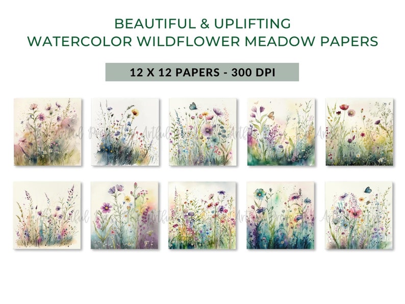 Digitale papierset aquarel wilde bloemen, lentebloemen ongewenste tijdschriftpapier, afdrukbare lenteweide, digitale scrapbooking afbeelding 4