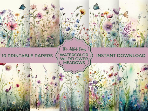 Watercolor Wildflowers Digital Paper Set, Spring Flowers Junk Journal Paper, Printable Spring Meadow, Digital Scrapbooking