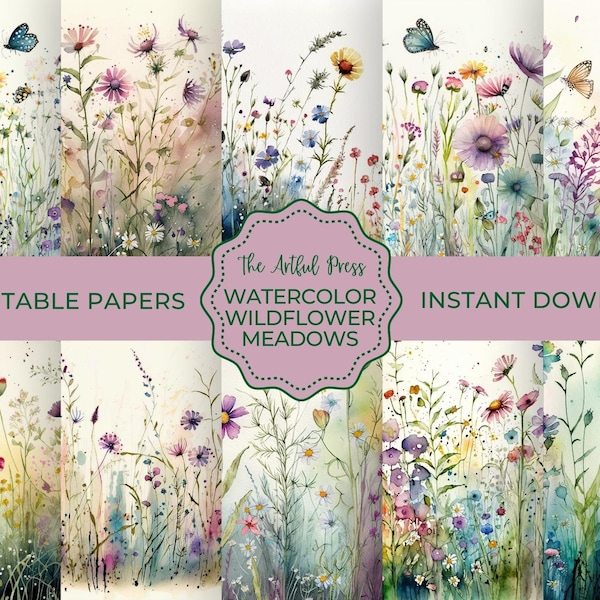 Watercolor Wildflowers Digital Paper Set, Spring Flowers Junk Journal Paper, Printable Spring Meadow, Digital Scrapbooking