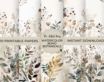 May include: Ten printable digital papers featuring watercolor botanical illustrations in shades of brown, green, and beige. The papers have a boho aesthetic and are perfect for crafting and design projects. The text "The Artful Press Watercolor Boho Botanicals" is included in the image.