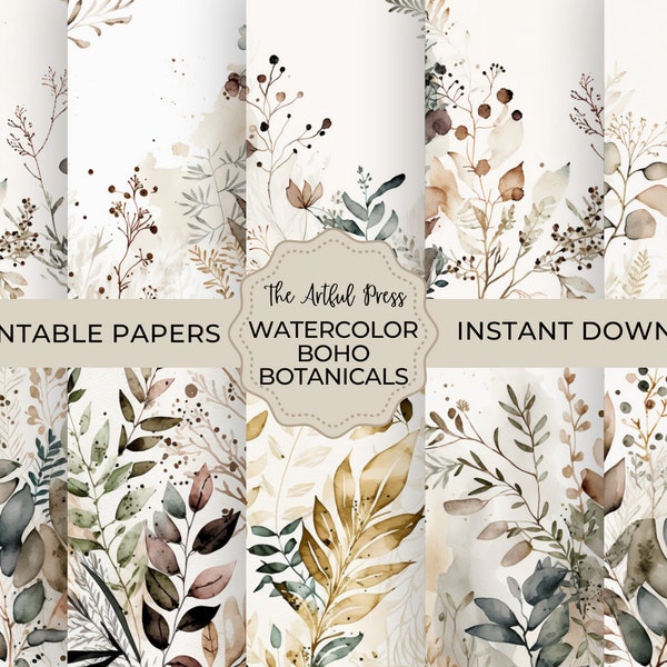 Watercolor Botanical Plants Digital Paper Set, Botanical Junk Journal Paper, Printable Boho Plants, Digital Scrapbooking