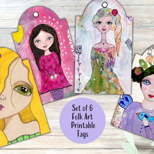 Colorful Junk Journal Tags, Whimsical Folk Art, Journal Ephemera, Cute Printable Tags