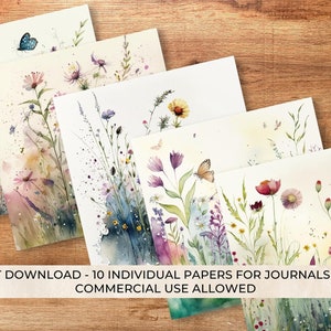 Op de afbeelding: Set van 10 digitale papieren met aquarel illustraties van wilde bloemen en vlinders in tinten roze, paars, blauw en groen. De papieren zijn perfect voor het maken van dagboeken, planners en andere knutselprojecten.