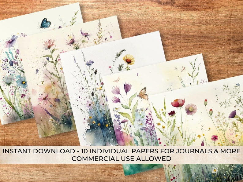 Op de afbeelding: Set van 10 digitale papieren met aquarel illustraties van wilde bloemen en vlinders in tinten roze, paars, blauw en groen. De papieren zijn perfect voor het maken van dagboeken, planners en andere knutselprojecten.