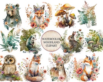 Watercolor Woodland Clipart Bundle, Forest Animals PNG,  Commercial Use Graphics, Digital Download