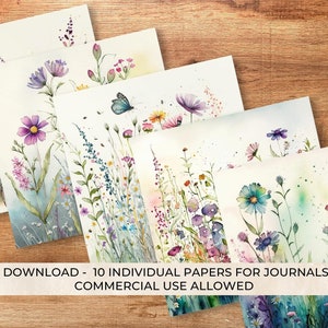 Op de afbeelding: Tien digitale papieren met aquarel illustraties van delicate wilde bloemen in tinten van paars, blauw, roze en groen. De papieren zijn perfect om een vleugje natuur toe te voegen aan dagboeken, planners en andere creatieve projecten.