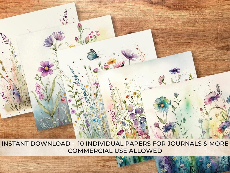 Op de afbeelding: Tien digitale papieren met aquarel illustraties van delicate wilde bloemen in tinten van paars, blauw, roze en groen. De papieren zijn perfect om een vleugje natuur toe te voegen aan dagboeken, planners en andere creatieve projecten.