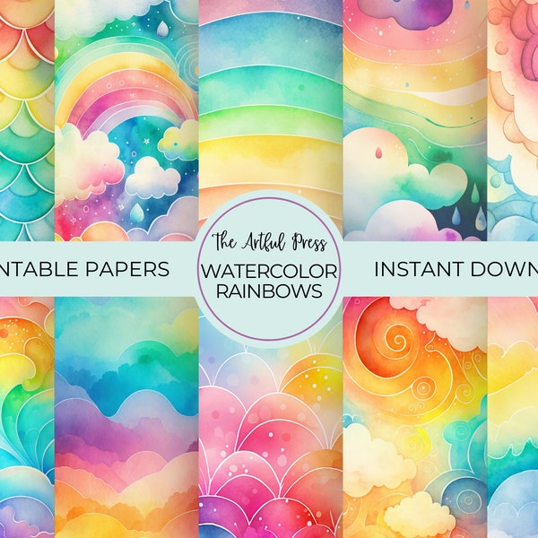 Watercolor Rainbow Digital Paper, Rainbow Backgrounds, Colorful Printables, For Commercial Use