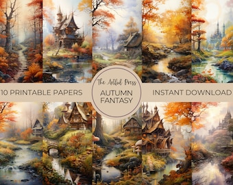 May include: A collection of ten printable papers featuring autumn fantasy scenes. The artwork showcases colorful landscapes with houses, rivers, and trees in shades of orange, red, and yellow. The text "The Artful Press" and "Autumn Fantasy" are also visible.