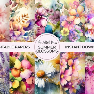 Watercolor Blossoms Digital Paper Set, Dreamy Summer Flowers Junk Journal Paper, Digital Scrapbooking Printables