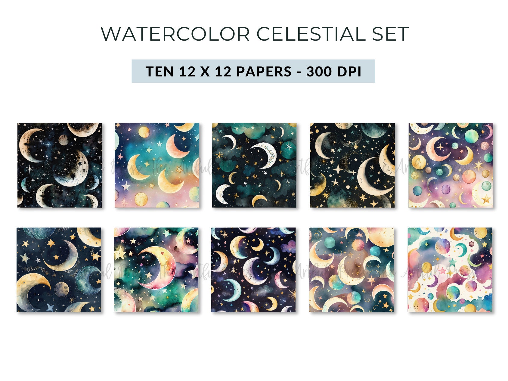 Celestial Digital Paper Set, Watercolor Moons and Stars Junk Journal ...