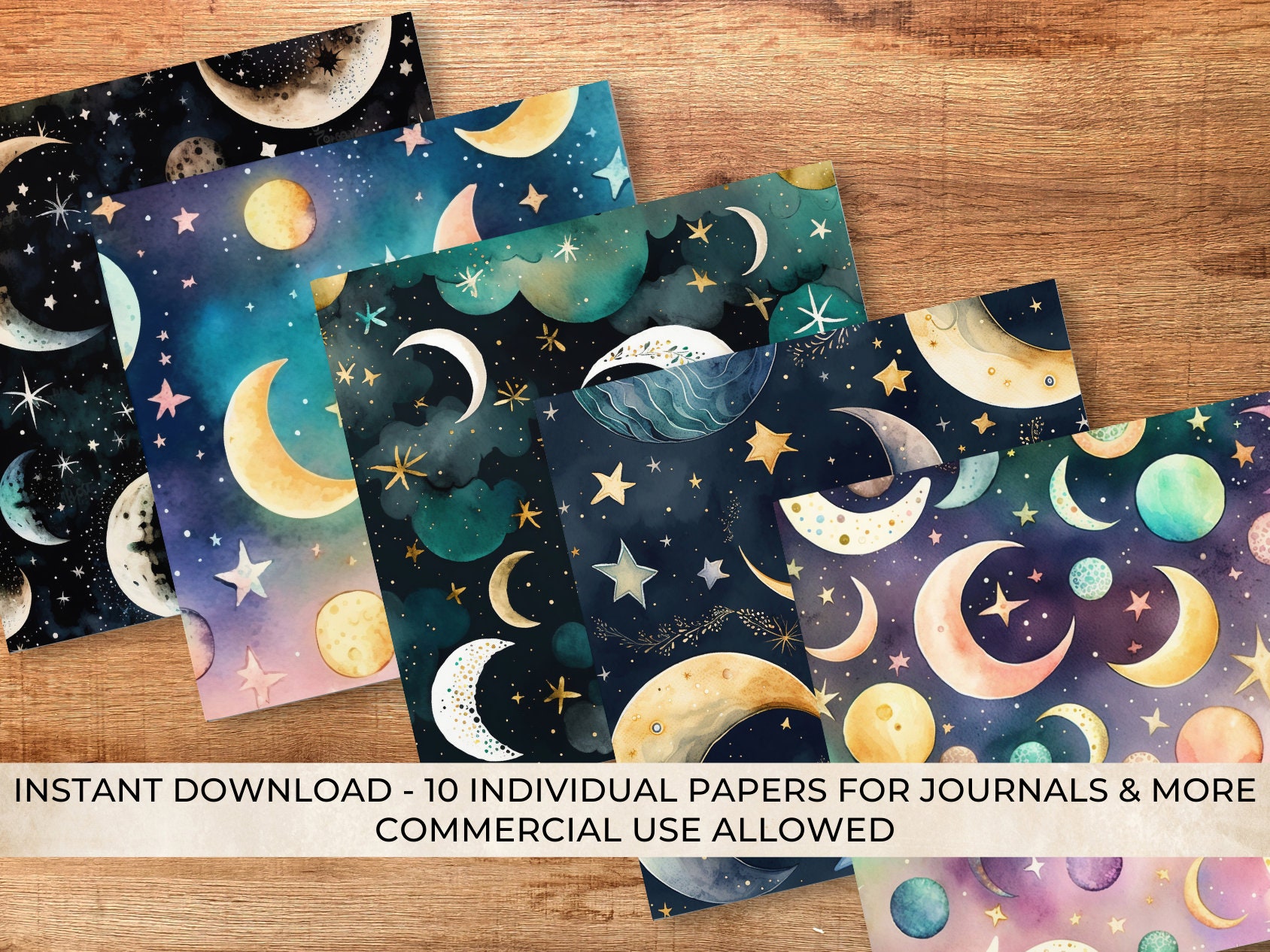 Celestial Digital Paper Set, Watercolor Moons and Stars Junk Journal ...