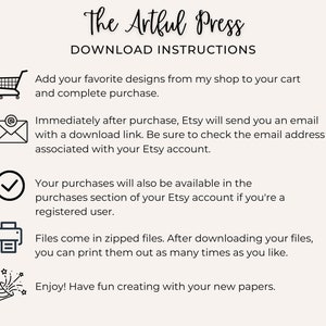 Op de afbeelding: Downloadinstructies voor digitale producten die zijn gekocht in de Etsy-winkel van The Artful Press. De instructies omvatten het toevoegen van artikelen aan uw winkelwagen, het voltooien van de aankoop, het downloaden van bestanden en het afdrukken zo vaak als u wilt.