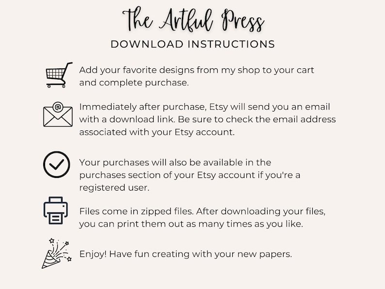 Op de afbeelding: Downloadinstructies voor digitale producten die zijn gekocht in de Etsy-winkel van The Artful Press. De instructies omvatten het toevoegen van artikelen aan uw winkelwagen, het voltooien van de aankoop, het downloaden van bestanden en het afdrukken zo vaak als u wilt.