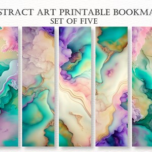 May include: Set of five abstract art printable bookmarks. Each bookmark features a unique design with swirling patterns in shades of teal, purple, pink, and gold.