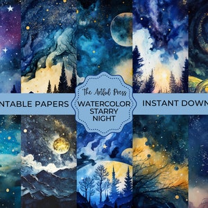 Digital Scrapbook Paper, Watercolor Starry Night Backgrounds, Celestial Skies Set, Commercial Use Graphics