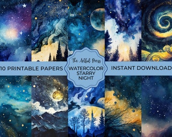 Digital Scrapbook Paper, Watercolor Starry Night Backgrounds, Celestial Skies Set, Commercial Use Graphics